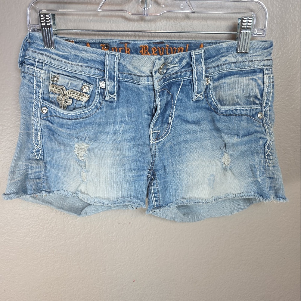 Rock Revival Shorts Womens 27 Blue Distressed Fay Rhinestone Bling Denim Cutoff